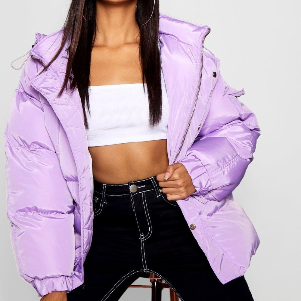 Boohoo Oversized Hooded Puffer Jacket in Lilac